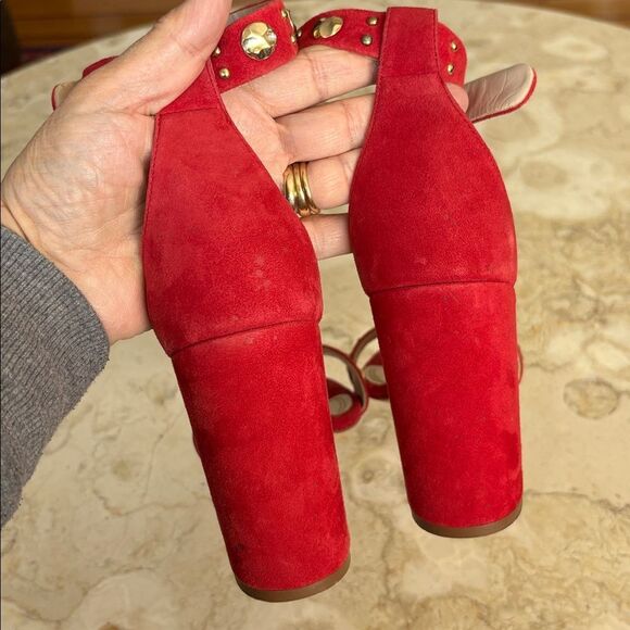 Maje Faria Red Suede Studded Chunky Heel Ankle Strap Sandals - Picture 11 of 14